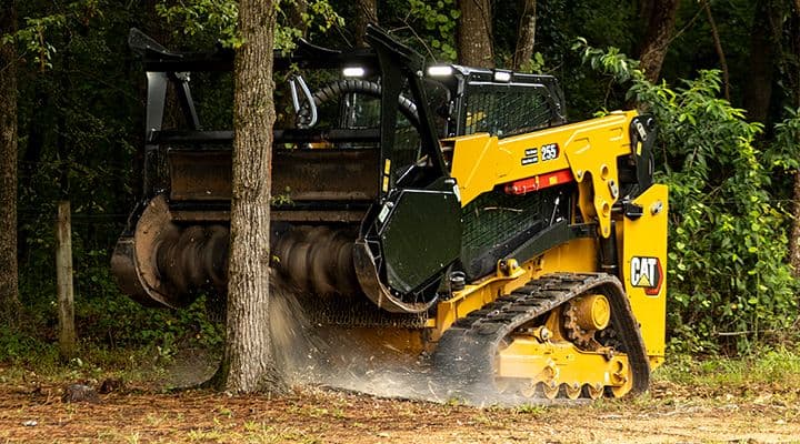 Cat compact track loader with a forestry mulching head taking down standing saplings between mature trees